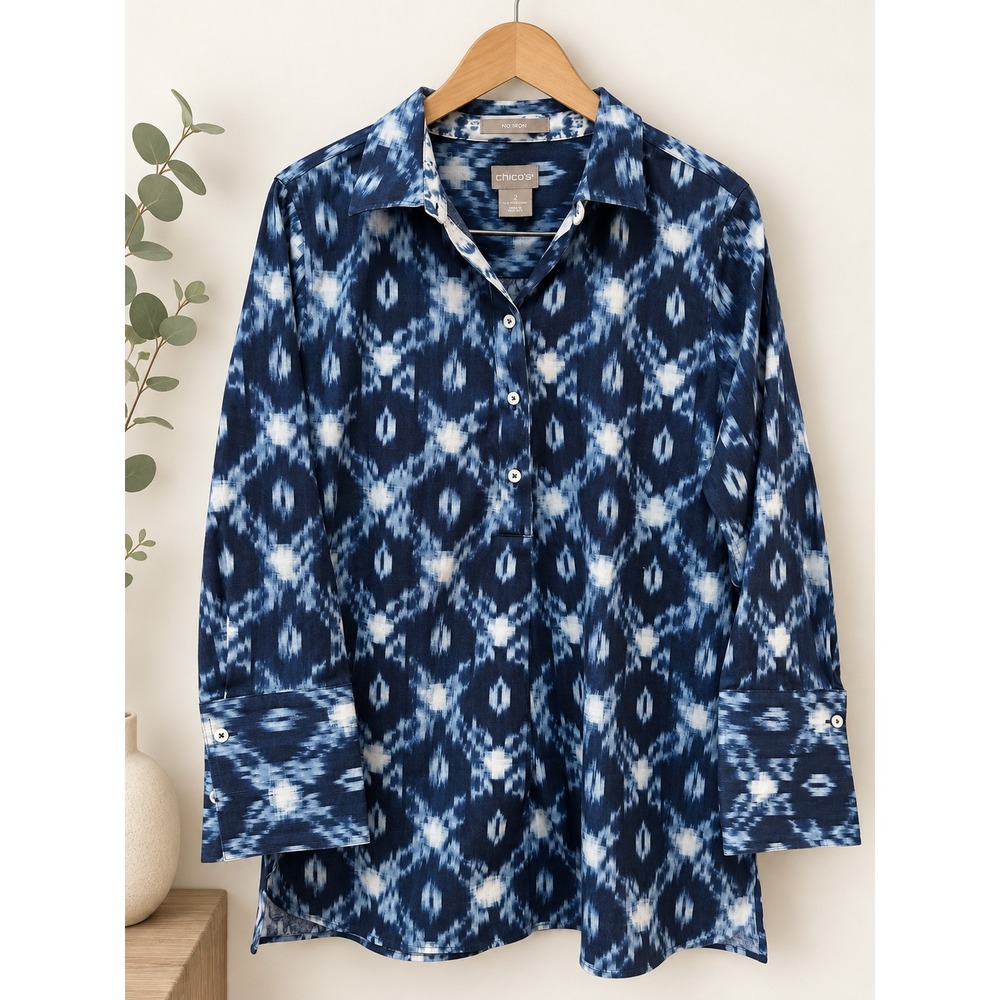 Chicos No Iron Blue White Ikat Print Popover Tunic Shirt Size 2 Large 12/14